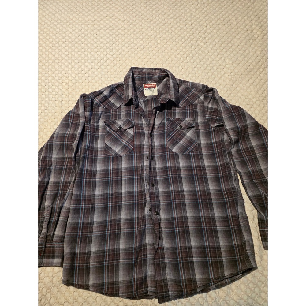 Wrangler Western Shirt Mens Large Grey Blue Plaid‎ Snap Front Cotton Good Flaw